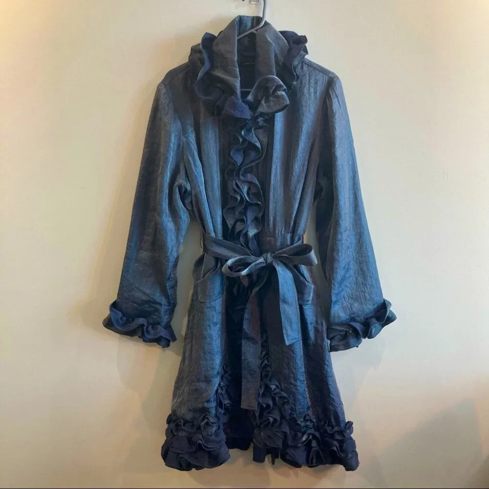 SAMUEL DONG SZ L Blue Metallic Ruffled Full Zip Belted Dress Coat Lined …